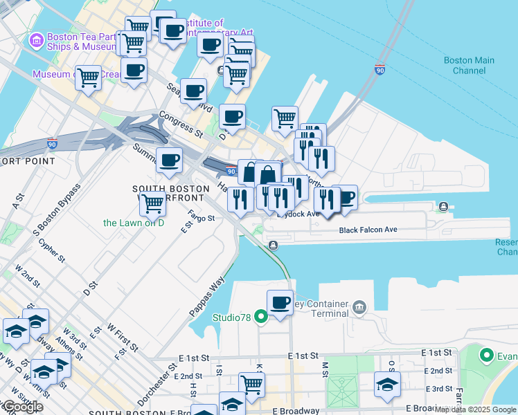 map of restaurants, bars, coffee shops, grocery stores, and more near 2 Harbor Street in Boston