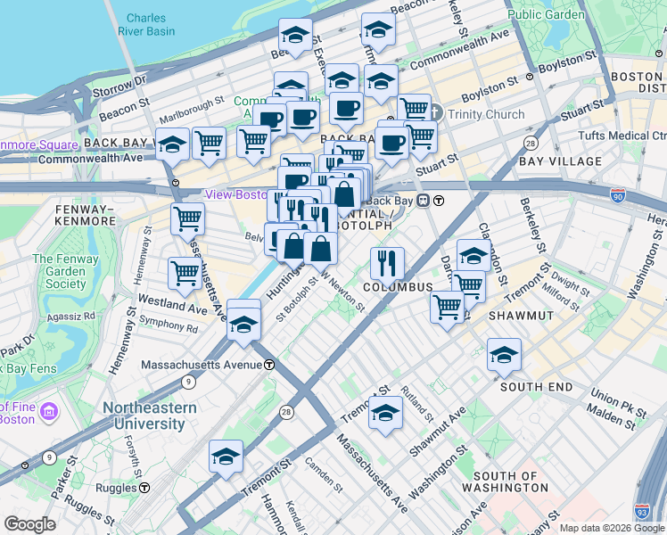 map of restaurants, bars, coffee shops, grocery stores, and more near 94 Saint Botolph Street in Boston