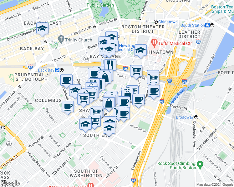 map of restaurants, bars, coffee shops, grocery stores, and more near 19 Castle Court in Boston