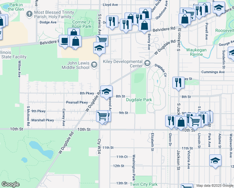 map of restaurants, bars, coffee shops, grocery stores, and more near 1714 8th Street in Waukegan