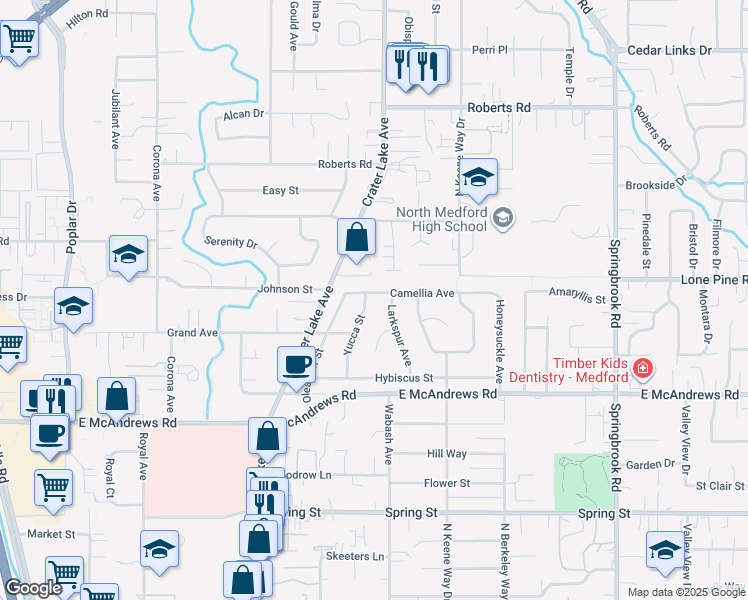 map of restaurants, bars, coffee shops, grocery stores, and more near 1800 Camellia Avenue in Medford