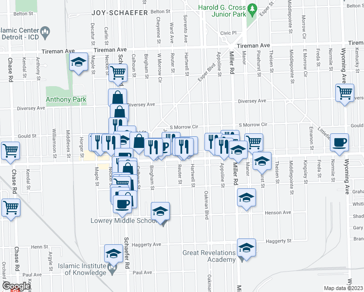map of restaurants, bars, coffee shops, grocery stores, and more near 7250 Reuter Street in Dearborn