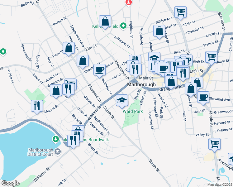 map of restaurants, bars, coffee shops, grocery stores, and more near 75 West Main Street in Marlborough