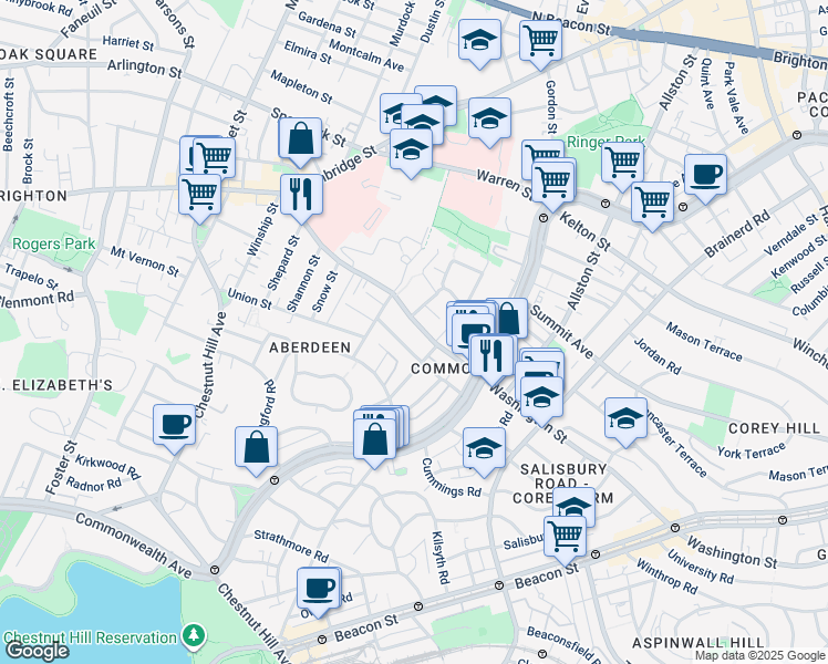 map of restaurants, bars, coffee shops, grocery stores, and more near 127 Washington Street in Boston