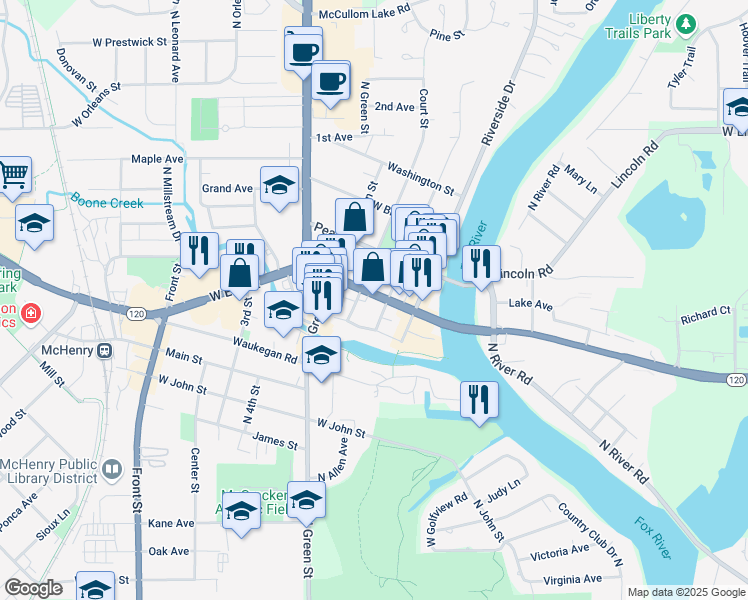 map of restaurants, bars, coffee shops, grocery stores, and more near 3405 West Elm Street in McHenry