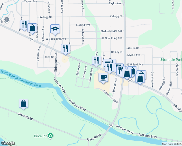 map of restaurants, bars, coffee shops, grocery stores, and more near 28 Everett Avenue in Battle Creek