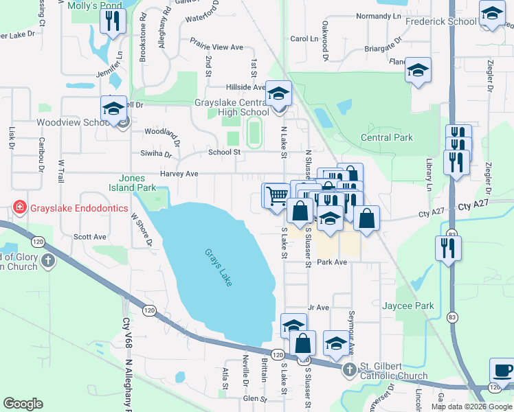 map of restaurants, bars, coffee shops, grocery stores, and more near 17 Hawley Court in Grayslake
