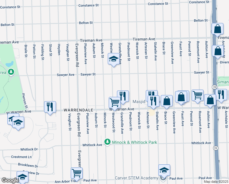 map of restaurants, bars, coffee shops, grocery stores, and more near 7320 Westwood Street in Detroit