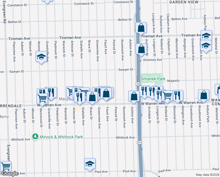 map of restaurants, bars, coffee shops, grocery stores, and more near 7305 Penrod Street in Detroit