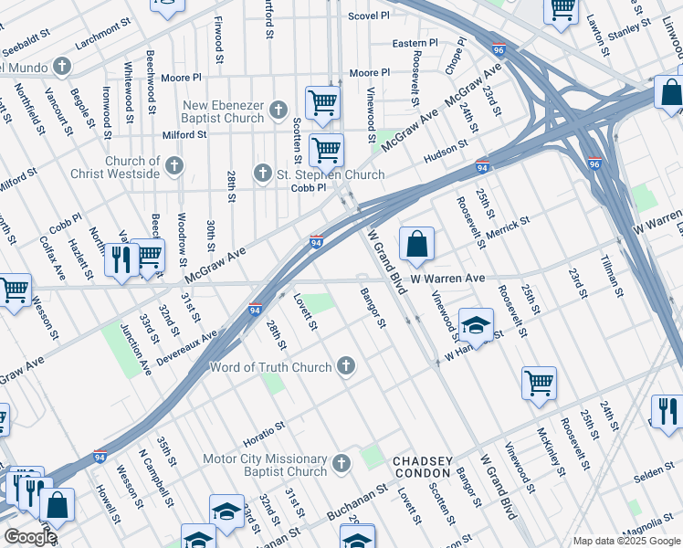 map of restaurants, bars, coffee shops, grocery stores, and more near 4200 West Warren Avenue in Detroit