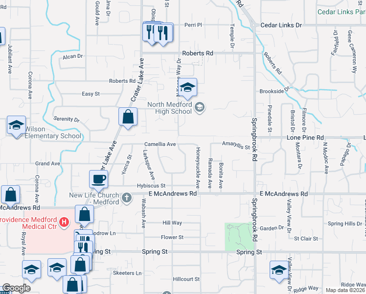 map of restaurants, bars, coffee shops, grocery stores, and more near 1980 Camellia Avenue in Medford