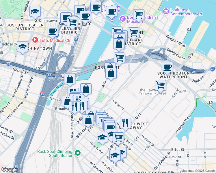 map of restaurants, bars, coffee shops, grocery stores, and more near 1 Channel Center Street in Boston