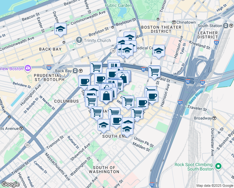 map of restaurants, bars, coffee shops, grocery stores, and more near 514 Tremont Street in Boston