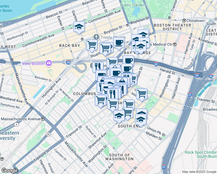 map of restaurants, bars, coffee shops, grocery stores, and more near 77 Warren Avenue in Boston