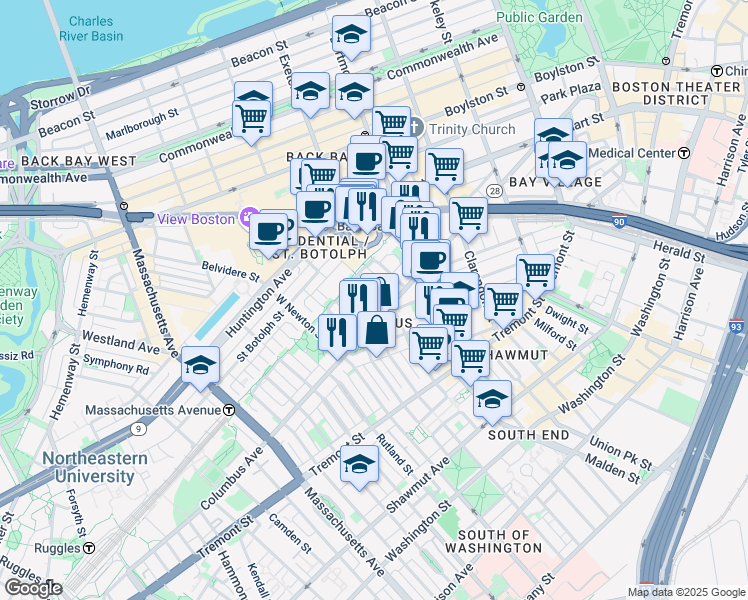 map of restaurants, bars, coffee shops, grocery stores, and more near in Boston
