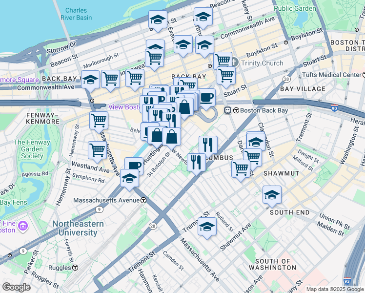 map of restaurants, bars, coffee shops, grocery stores, and more near 94 Saint Botolph Street in Boston
