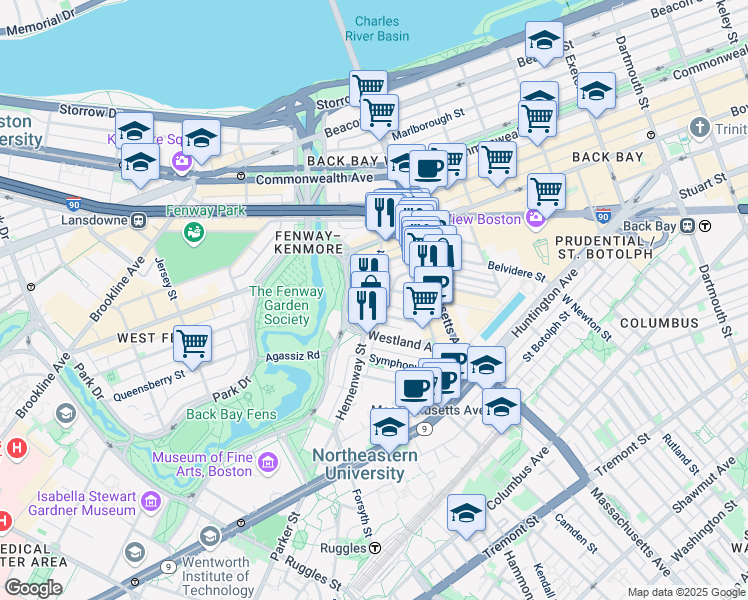 map of restaurants, bars, coffee shops, grocery stores, and more near 56-60 Hemenway Street in Boston