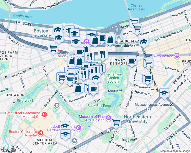 map of restaurants, bars, coffee shops, grocery stores, and more near in Boston