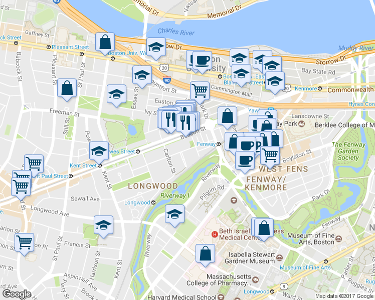 map of restaurants, bars, coffee shops, grocery stores, and more near 68a Monmouth Street in Brookline
