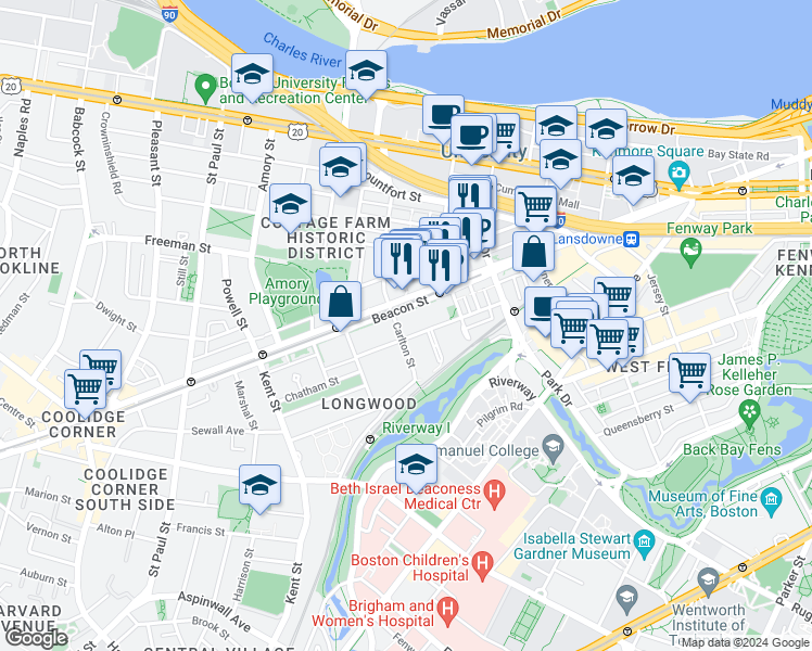 map of restaurants, bars, coffee shops, grocery stores, and more near 46 Carlton Street in Brookline