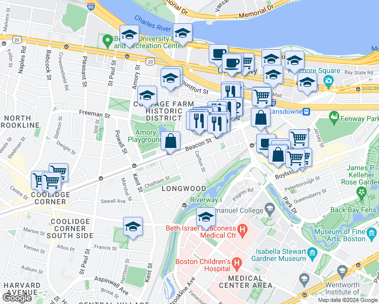 map of restaurants, bars, coffee shops, grocery stores, and more near 46 Carlton Street in Brookline