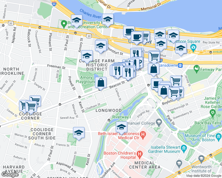 map of restaurants, bars, coffee shops, grocery stores, and more near 46 Carlton Street in Brookline