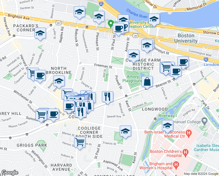 map of restaurants, bars, coffee shops, grocery stores, and more near 217 Saint Paul Street in Brookline