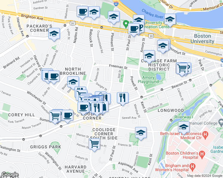map of restaurants, bars, coffee shops, grocery stores, and more near 63 Parkman Street in Brookline
