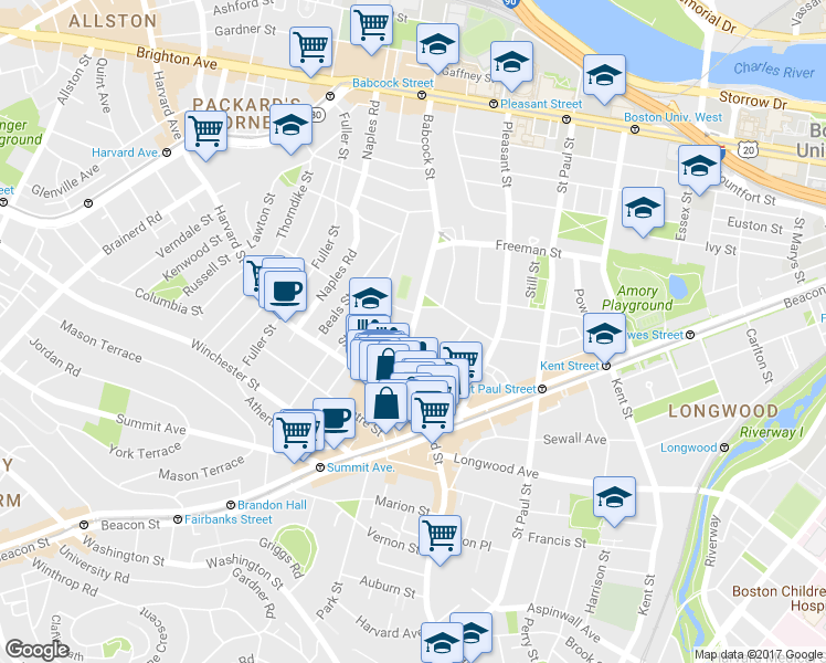 map of restaurants, bars, coffee shops, grocery stores, and more near 51 John Street in Brookline