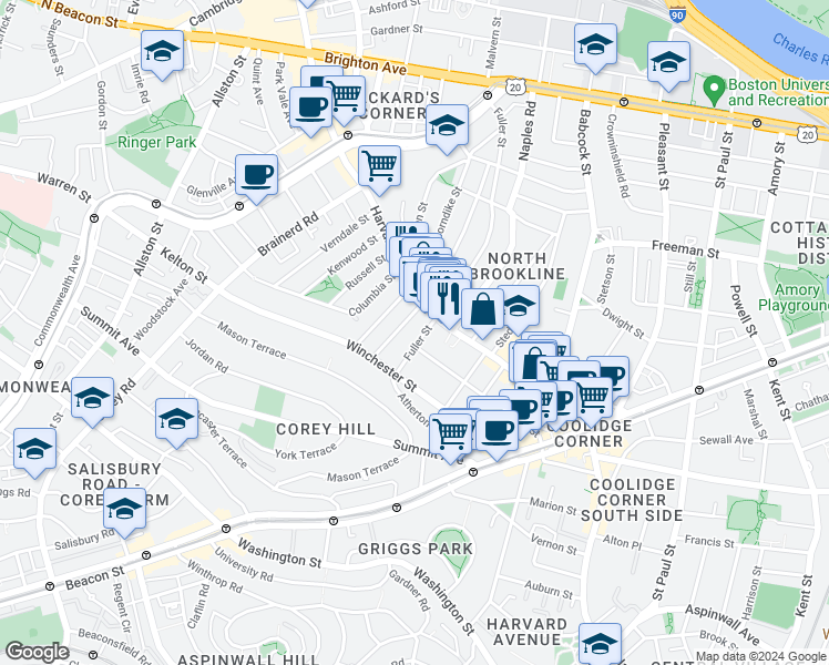 map of restaurants, bars, coffee shops, grocery stores, and more near 31 Coolidge Street in Brookline