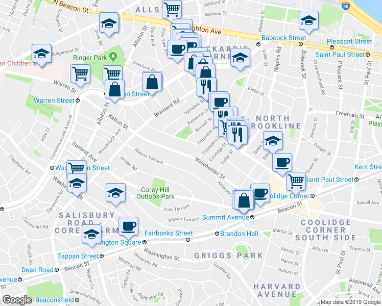 map of restaurants, bars, coffee shops, grocery stores, and more near 183 Winchester Street in Brookline