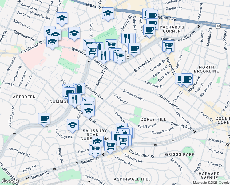 map of restaurants, bars, coffee shops, grocery stores, and more near 246 Corey Road in Boston
