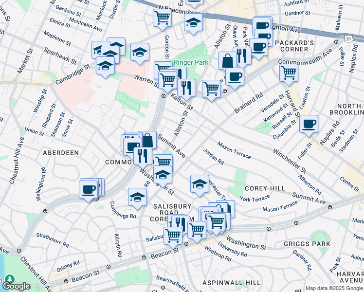 map of restaurants, bars, coffee shops, grocery stores, and more near 4 Woodstock Avenue in Boston