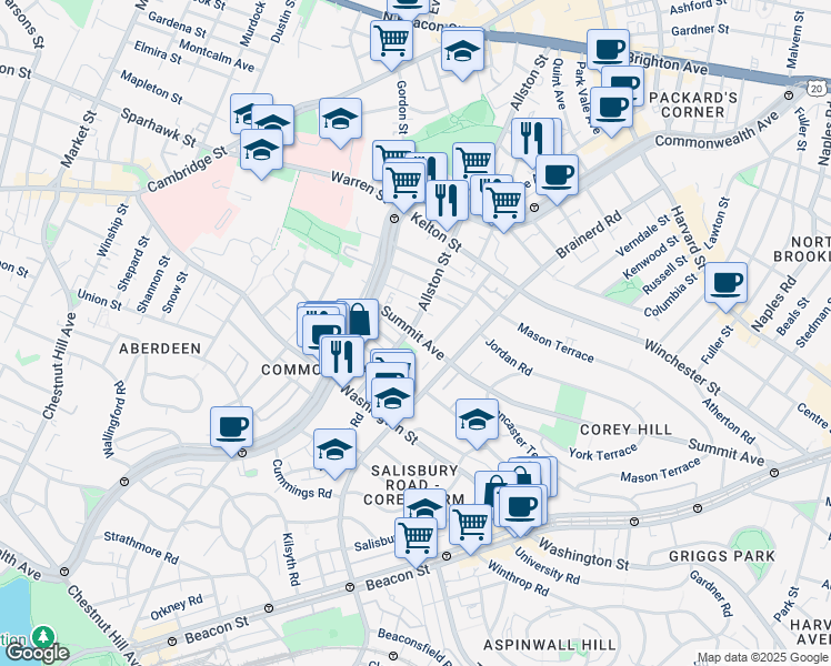 map of restaurants, bars, coffee shops, grocery stores, and more near 4 Woodstock Avenue in Boston