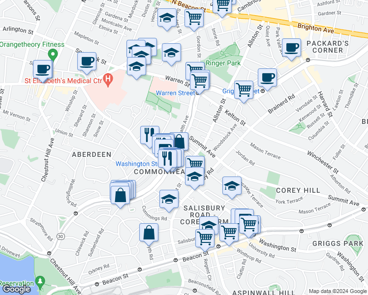 map of restaurants, bars, coffee shops, grocery stores, and more near 1542 Commonwealth Avenue in Boston
