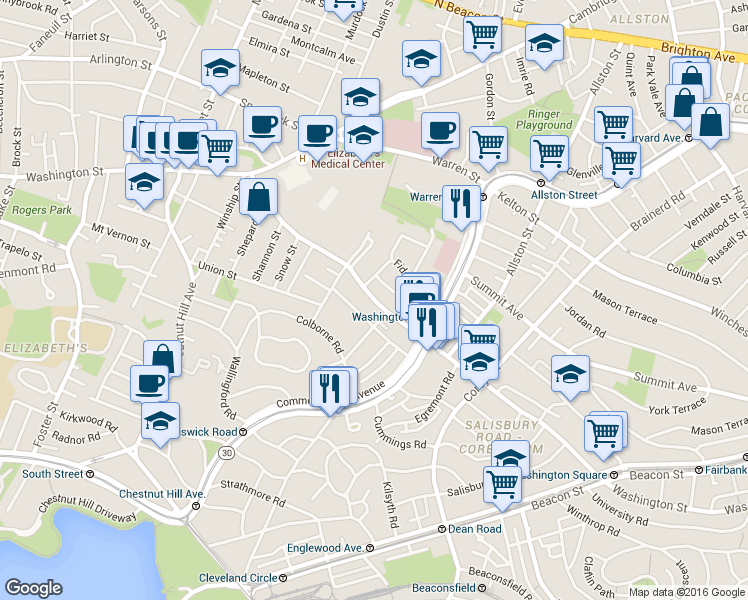 map of restaurants, bars, coffee shops, grocery stores, and more near 127 Washington Street in Boston