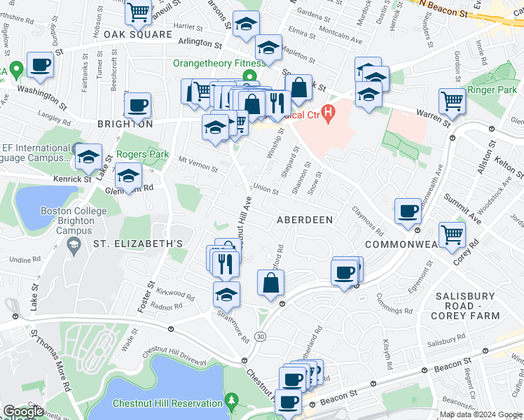 map of restaurants, bars, coffee shops, grocery stores, and more near 8 Priscilla Road in Boston