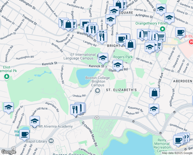 map of restaurants, bars, coffee shops, grocery stores, and more near 36 Lake Shore Road in Boston