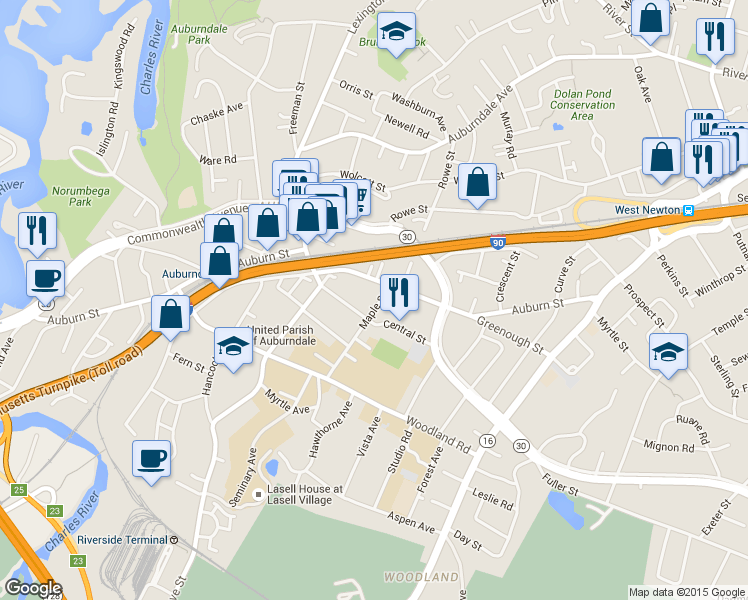 map of restaurants, bars, coffee shops, grocery stores, and more near 19 Maple Street in Newton