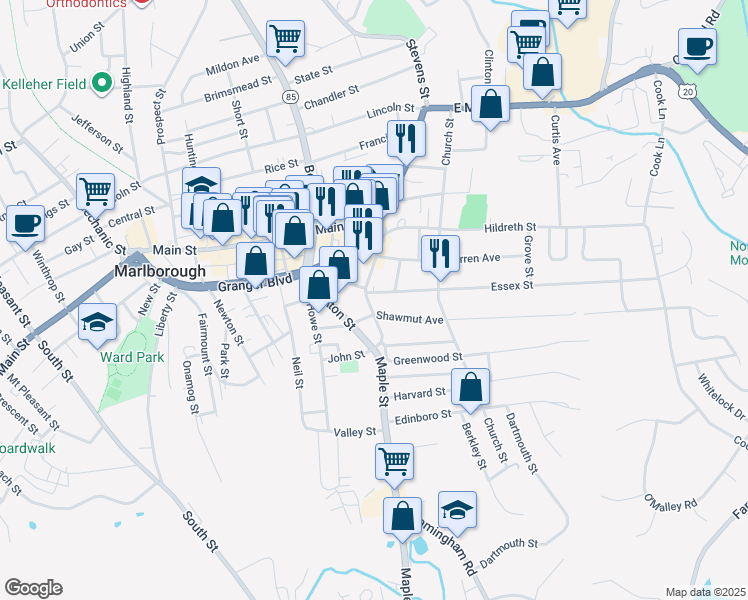 map of restaurants, bars, coffee shops, grocery stores, and more near 19 Essex Street in Marlborough
