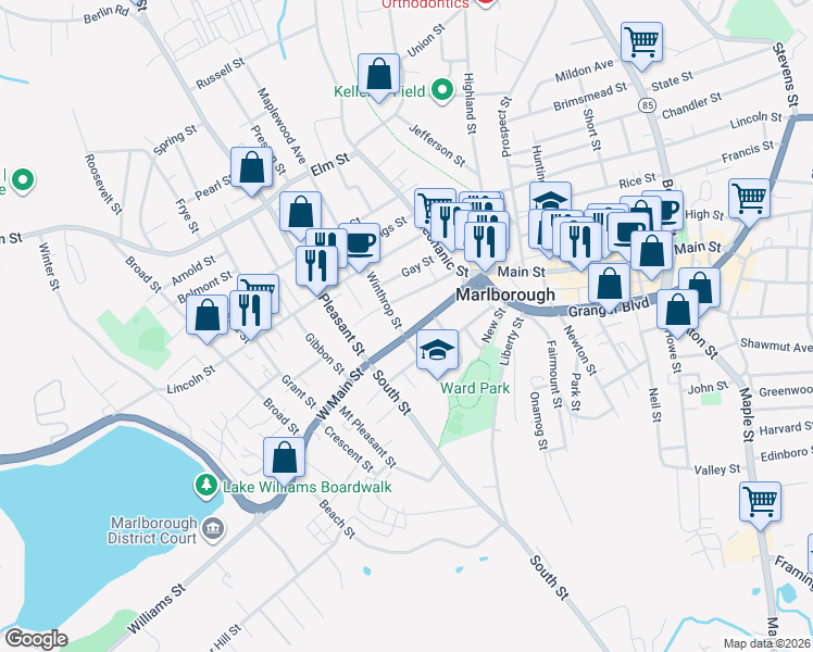 map of restaurants, bars, coffee shops, grocery stores, and more near 75 West Main Street in Marlborough