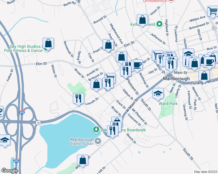 map of restaurants, bars, coffee shops, grocery stores, and more near 499 Lincoln Street in Marlborough