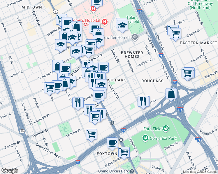 map of restaurants, bars, coffee shops, grocery stores, and more near in Detroit