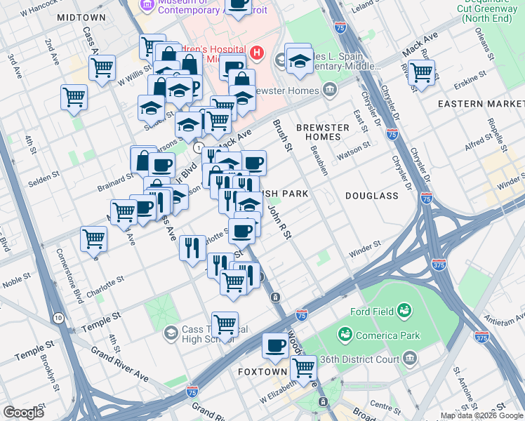 map of restaurants, bars, coffee shops, grocery stores, and more near 54 Watson Street in Detroit