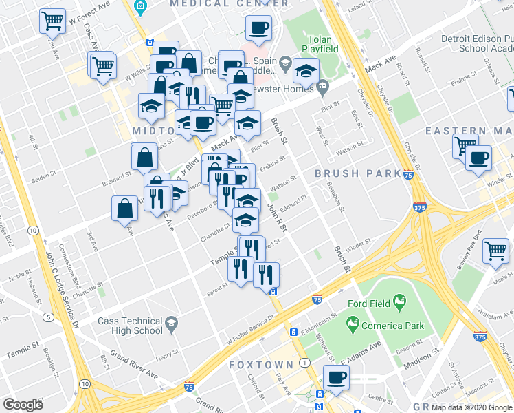 map of restaurants, bars, coffee shops, grocery stores, and more near 54 Watson Street in Detroit