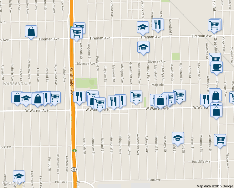 map of restaurants, bars, coffee shops, grocery stores, and more near 7297 Abington Avenue in Detroit