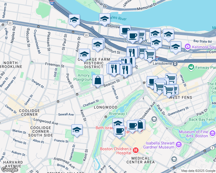 map of restaurants, bars, coffee shops, grocery stores, and more near 46 Carlton Street in Brookline