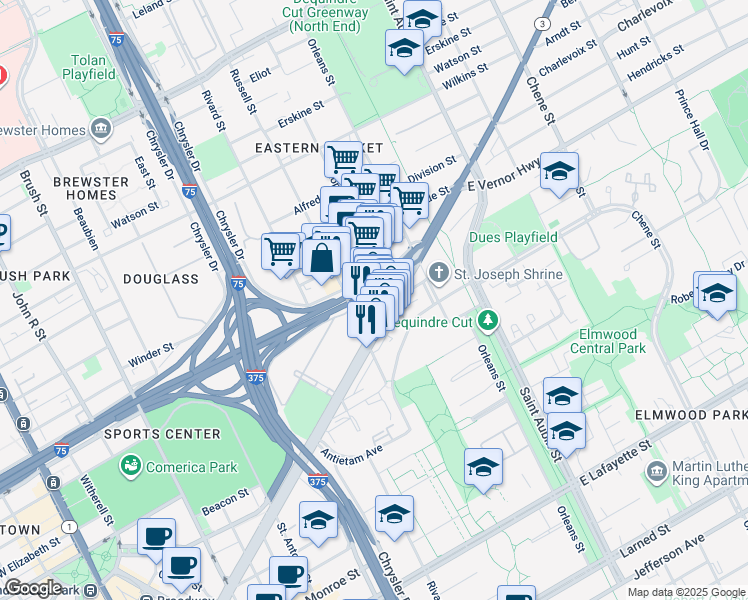 map of restaurants, bars, coffee shops, grocery stores, and more near 1420 East Fisher Freeway in Detroit