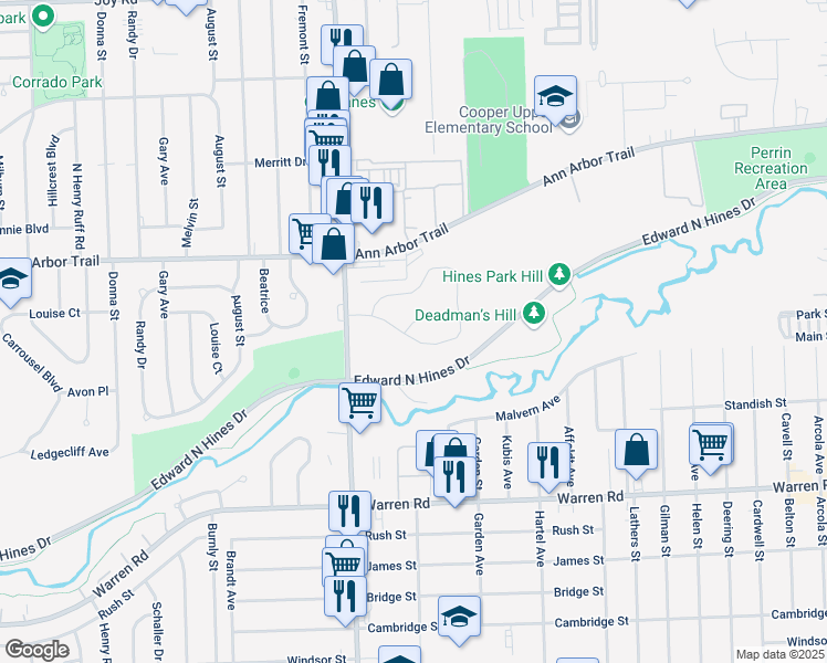 map of restaurants, bars, coffee shops, grocery stores, and more near 7710 Lear Court in Westland