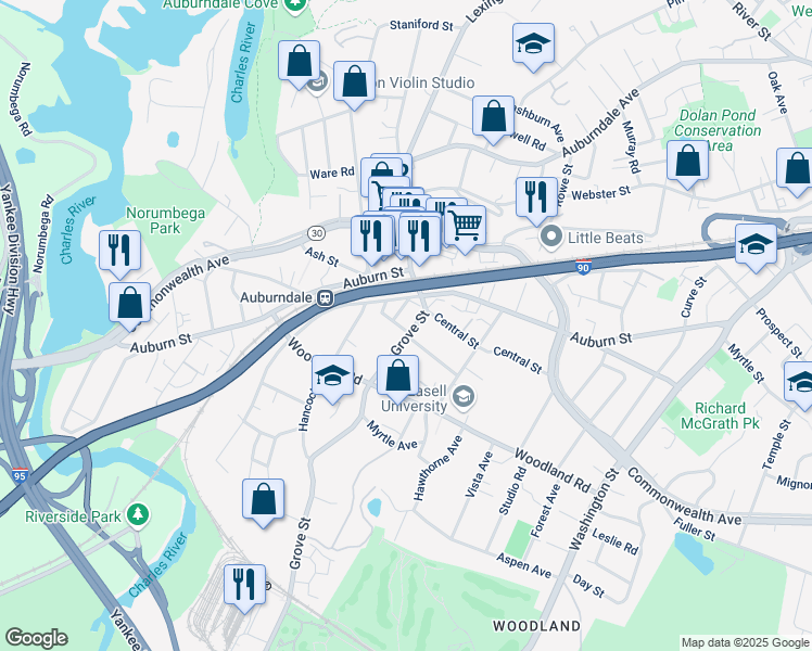map of restaurants, bars, coffee shops, grocery stores, and more near 40 Central Terrace in Newton